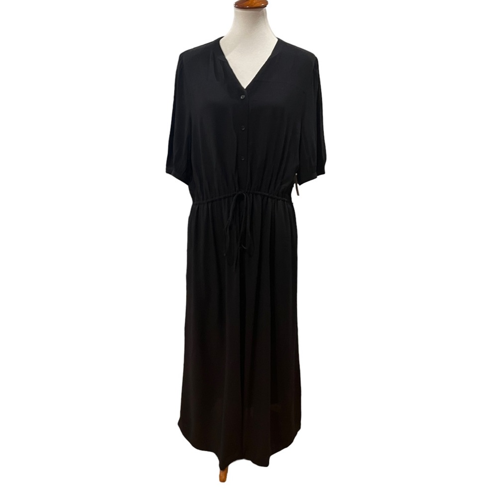 New cotton short sleeve elastic waist fabric belt swing skirt black dress
